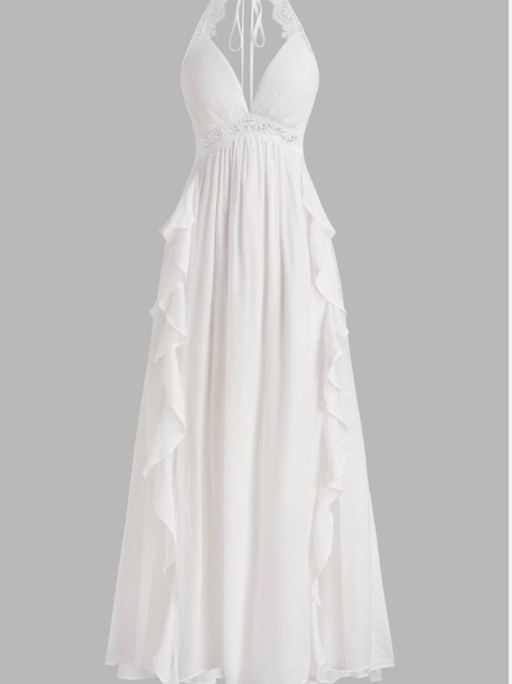 White Maxi ruffled laced dress. Open back, sleeveless, side leg openings Small